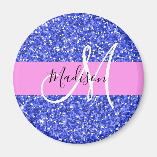 Glam Dark Blue Pink Glitter Sparkles Naam Monogram Magneet (Voorkant)