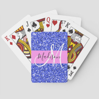 Glam Dark Blue Pink Glitter Sparkles Naam Monogram Pokerkaarten