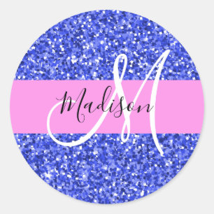 Glam Dark Blue Pink Glitter Sparkles Naam Monogram Ronde Sticker