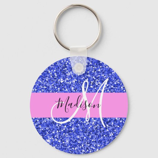 Glam Dark Blue Pink Glitter Sparkles Naam Monogram Sleutelhanger (Voorkant)