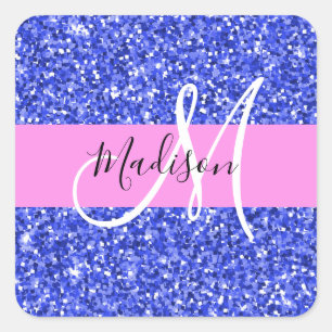 Glam Dark Blue Pink Glitter Sparkles Naam Monogram Vierkante Sticker