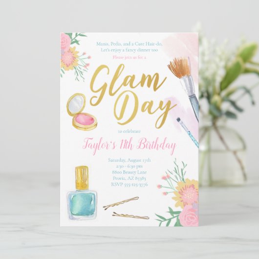 Glam Day Birthday Uitnodiging | Partij van Mani Pe (Staand voorkant)