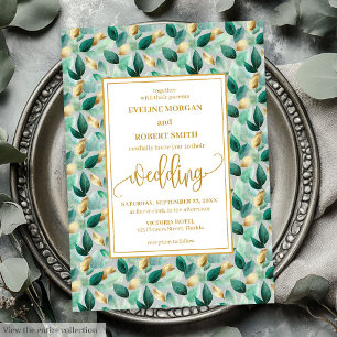 Glam Deep Green Gold verlaat huwelijksuitnodiging Kaart
