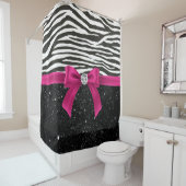Glam Deep Pink Bow-Zebra Print-Black Sparkle Douchegordijn (In situ)