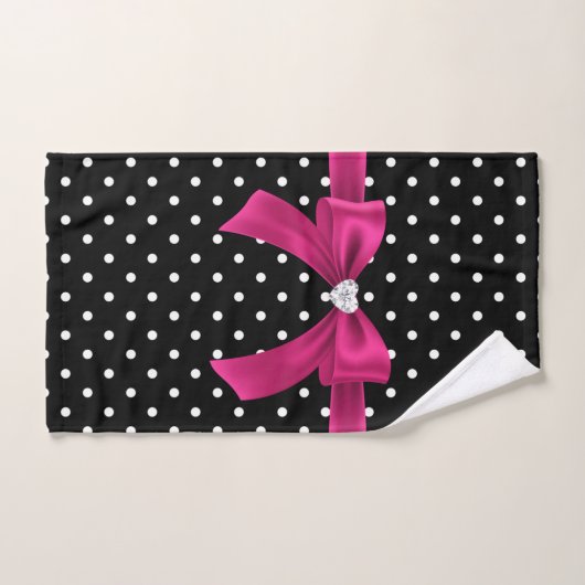 Glam Deep Rose Bow-Blanc Pois-Noir (Serviette à main)