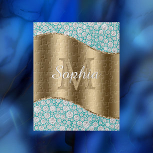 Glam-diamanten op turquoise, gouden monogram, scri legpuzzel