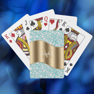 Glam-diamanten op turquoise, gouden monogram, scri pokerkaarten