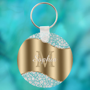 Glam-diamanten op turquoise, gouden monogram, scri sleutelhanger