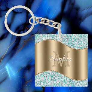 Glam-diamanten op turquoise, gouden monogram, scri sleutelhanger