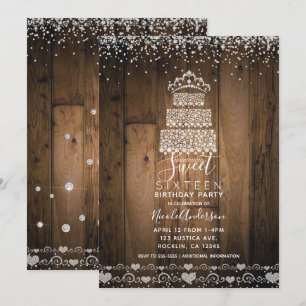 Glam Diamond Bling Cake Tiara Wood Sweet 16 Party Kaart