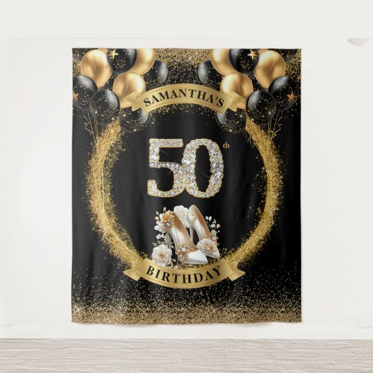 Glam Diamond Numbers Banner met Blush High Heels Wandkleed (Voorkant)