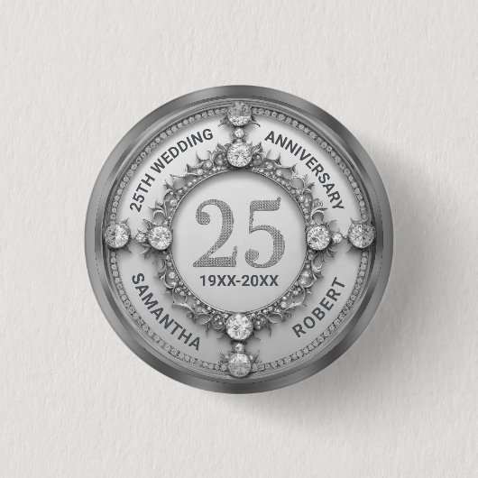Glam Diamond & Silver 25e bruiloft Jubileum Ronde Button 3,2 Cm (Voorkant)