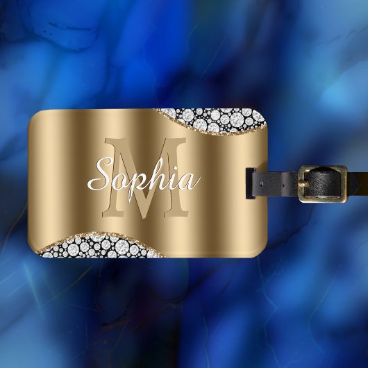 Glam Diamonds on Black, Gold Monogram, Script Naam Bagagelabel