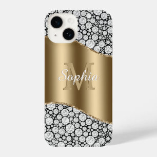 Glam Diamonds on Black, Gold Monogram, Script Naam iPhone 14 Hoesje