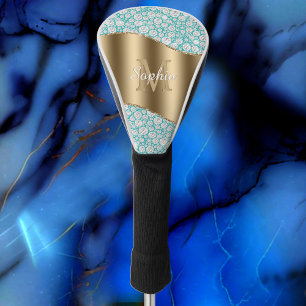 Glam Diamonds op Blauwgroen, Gouden Monogram, Scri Golfheadcover