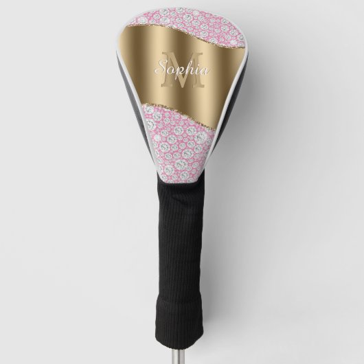 Glam Diamonds op Roze, Gouden Monogram, Script Naa Golfheadcover (Voorkant)