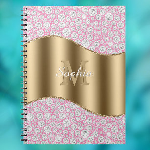 Glam Diamonds op Roze, Gouden Monogram, Script Naa Notitieboek