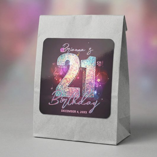 Glam Disco Ball Musical Notes Pink 21st Birthday Vierkante Sticker