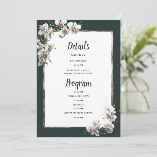 Glam donkergroen goud wit orchidee Details Program Kaart (Staand voorkant)