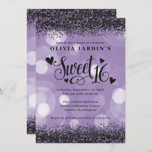 Glam doux noir et pourpre 16 Invitation (Devant / Derrière)