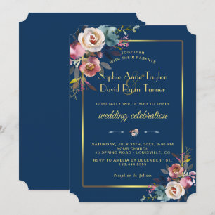 Glam Dusty Blue Floral Golden Lijst Wedding Kaart