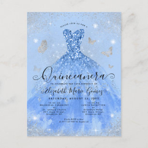 Glam Dusty Blue Silver Glitter Gown Quinceanera Briefkaart
