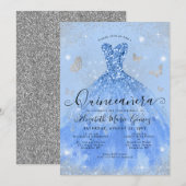 Glam Dusty Blue Silver Glitter Gown Quinceanera Kaart (Voorkant / Achterkant)