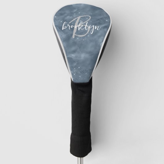 Glam Dusty Blue Stardust Glitter Script Monogram Golfheadcover (Voorkant)