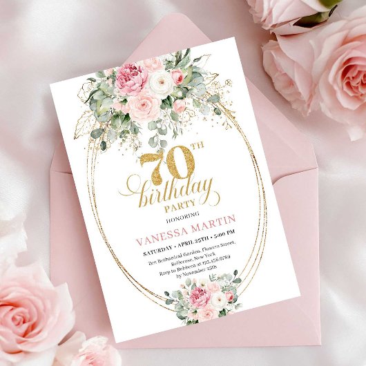 Glam Dusty Pink and Gold 70th Birthday Invitation