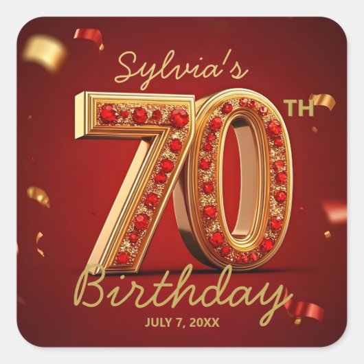Glam Elegant Gold & Ruby Red Gems 70th Birthday Vierkante Sticker (Voorkant)