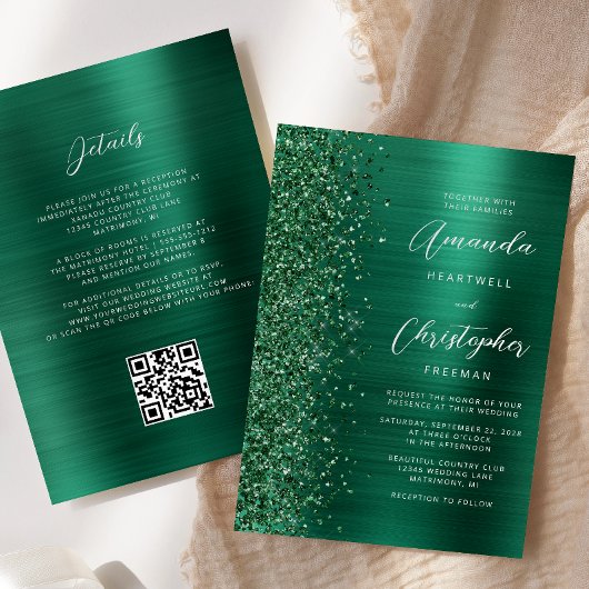 Glam Emerald Green Brushed Metal QR Code Wedding Kaart