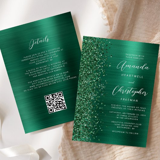 Glam Emerald Green Brushed Metal QR Code Wedding Kaart