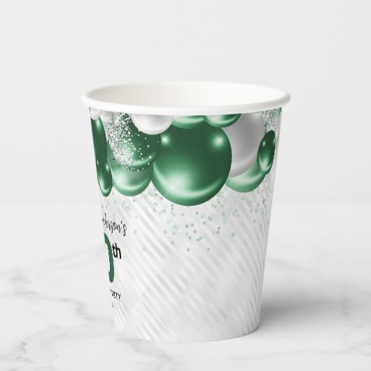 Glam Emerald Green Zilveren Ballon Glitter Verjaar Papieren Bekers (Achterkant)