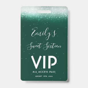 Glam Emerald Sweet 16 Uitnodiging VIP Pass Badge