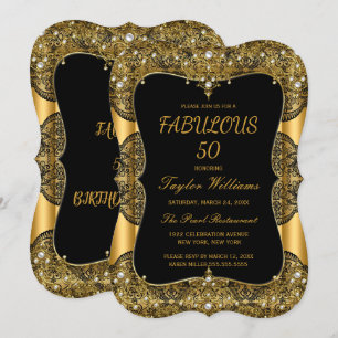 Glam Fabulous 50 Party Black Lace Pearl Gold Kaart