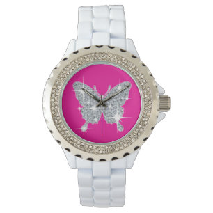 Glam faux diamanten sparkle butterfly on hot roze  horloge