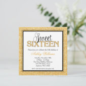 Glam Faux Glitter Gold Black Sweet 16 Kaart (Staand voorkant)