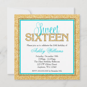 Glam Faux Glitter Gold Blauwgroen Sweet 16 Kaart