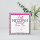 Glam Faux Glitter Silver Pink Bat Mitzvah Kaart (Staand voorkant)