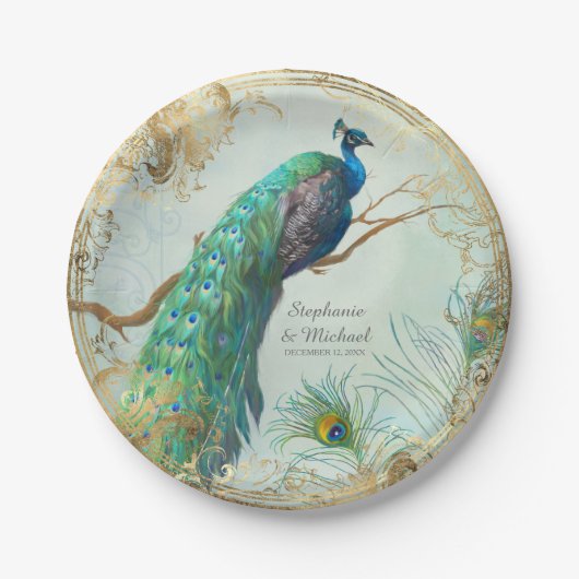 Glam Faux Gold Leaf Peacock op Tree Branch Elegant Papieren Bordje (Voorkant)