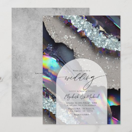 Glam Faux Holografische Agaat Geode Huwelijks QR C Kaart (Voorkant / Achterkant)