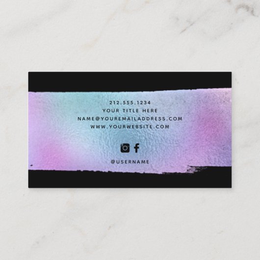 Glam Faux Holographic Glitter en Script on Black Visitekaartje (Achterkant)