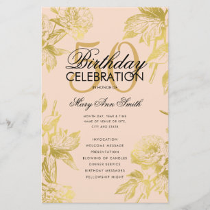 Glam Floral 50th Birthday Program Gold Blush Menu