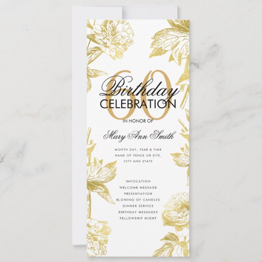 Glam Floral 60th Birthday Program Gold Menu Kaart (Voorkant)