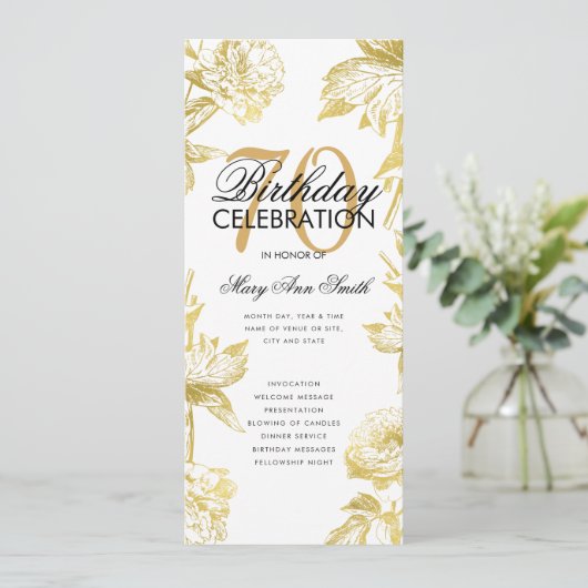 Glam Floral 70e Anniversaire Programme Gold Menu (Debout devant)