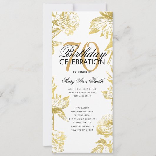 Glam Floral 70e Anniversaire Programme Gold Menu (Devant)