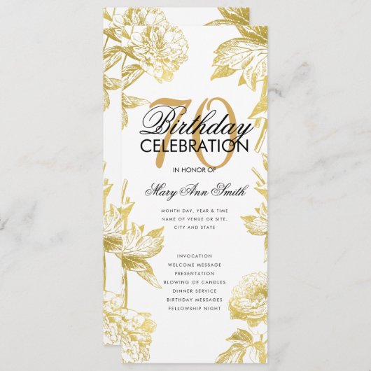 Glam Floral 70e verjaardag Programma Gold Menu (Voorkant / Achterkant)
