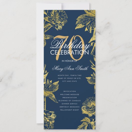 Glam Floral 70th Birthday Program Gold Navy Menu Kaart (Voorkant)