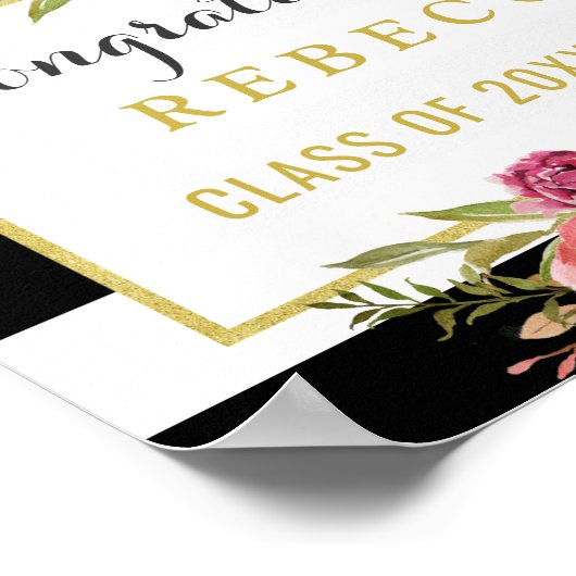 Glam Floral Stripes Congrats Afstudeerder Afstuder Poster (Hoek)