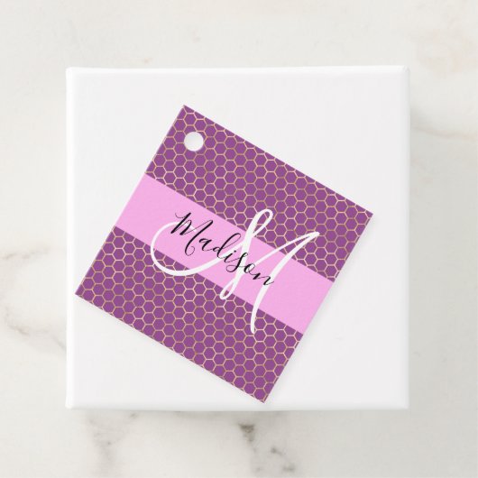 Glam Fuchsia Metallic Pink Honeycomb Monogram Naam Bedankjes Labels (In situ)